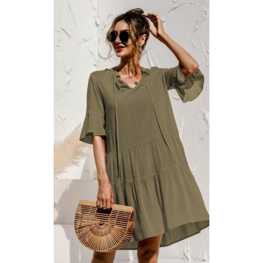 Quincao Vneck Ruffle Sleeve Dress Oiive Green Size L